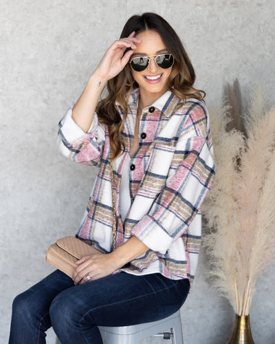 Hayden Plaid Button Down Pocketed Shacket - Pink Multi