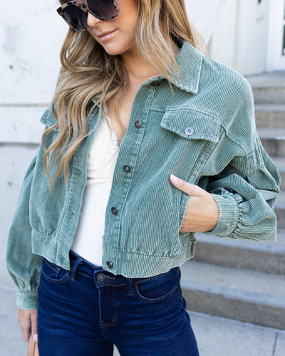 Gia Bubble Sleeve Button Down Corduroy Jacket - Sage