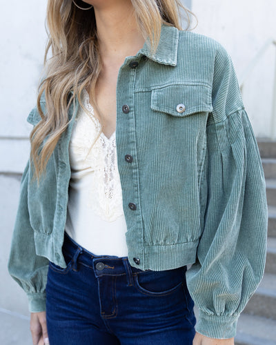 Gia Bubble Sleeve Button Down Corduroy Jacket - Sage