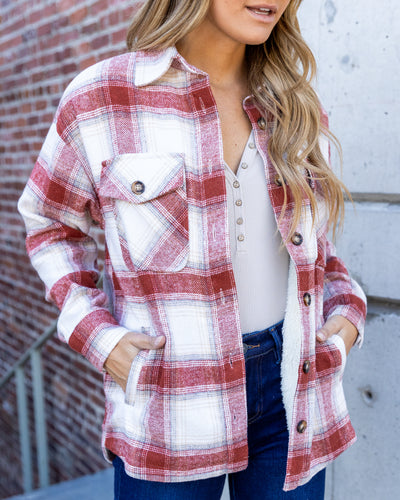 Blake Plaid Button Down Pocketed Fleece Lined Shacket - Red Multi