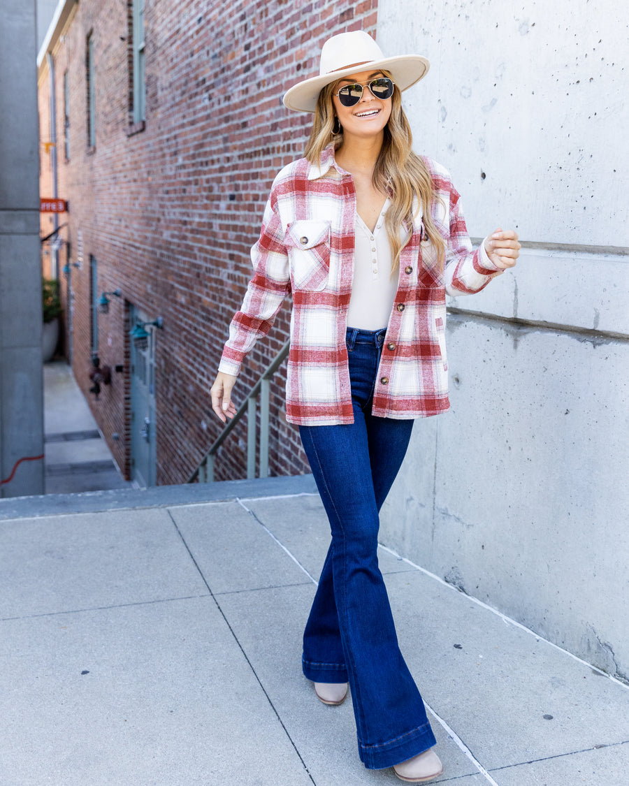 Blake Plaid Button Down Pocketed Fleece Lined Shacket - Red Multi