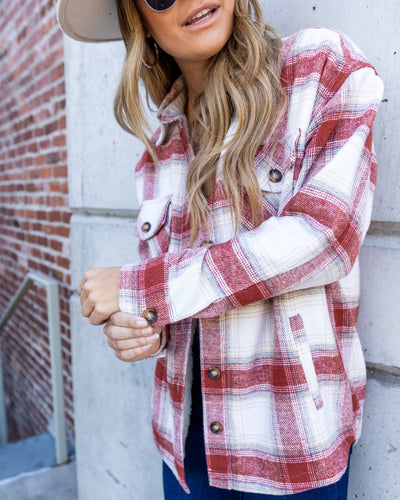 Blake Plaid Button Down Pocketed Fleece Lined Shacket - Red Multi