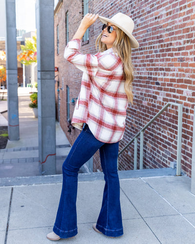 Blake Plaid Button Down Pocketed Fleece Lined Shacket - Red Multi