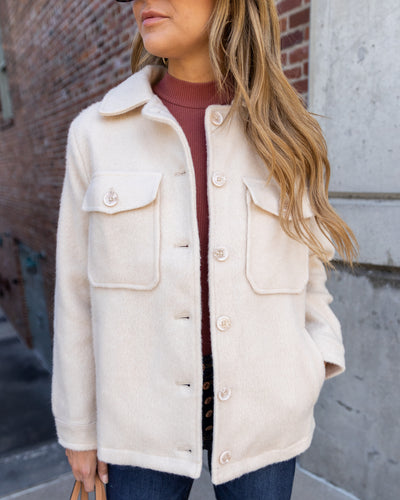 Ryann Button Down Pocketed Faux Fur Shacket Coat - Cream