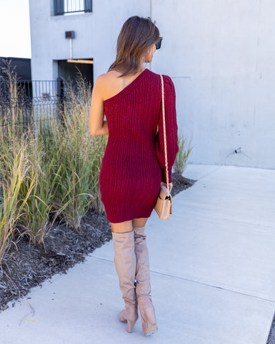 Juliette One Shoulder Cable Knit Sweater Dress - Burgundy