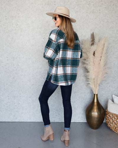 Karter Plaid Button Down Shacket - Emerald Green