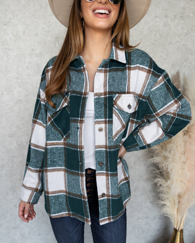 Karter Plaid Button Down Shacket - Emerald Green