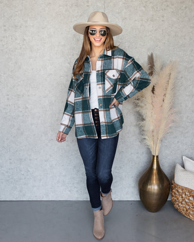 Karter Plaid Button Down Shacket - Emerald Green