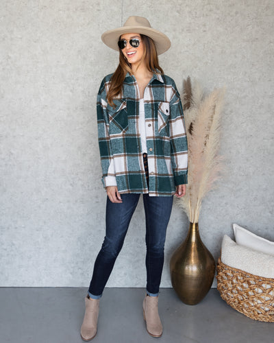 Karter Plaid Button Down Shacket - Emerald Green