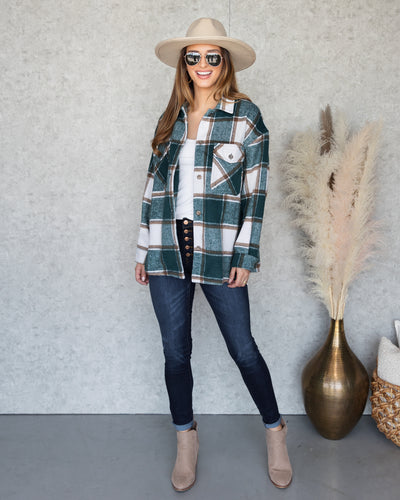 Karter Plaid Button Down Shacket - Emerald Green