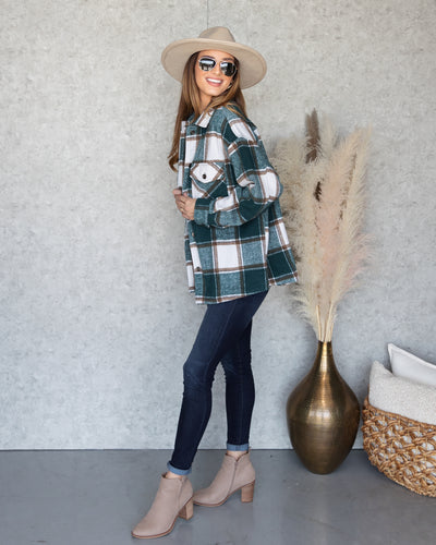 Karter Plaid Button Down Shacket - Emerald Green