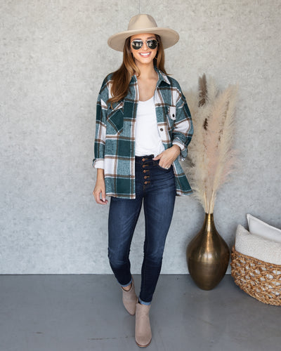 Karter Plaid Button Down Shacket - Emerald Green
