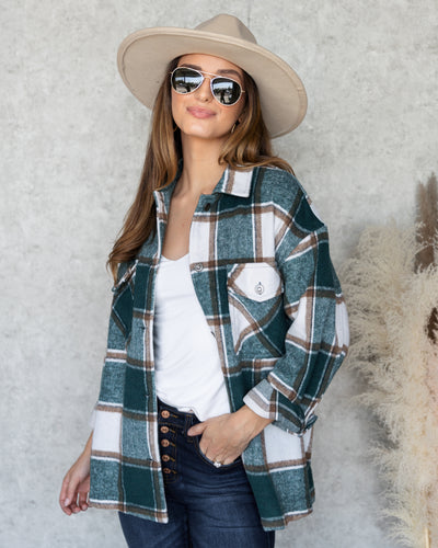 Karter Plaid Button Down Shacket - Emerald Green
