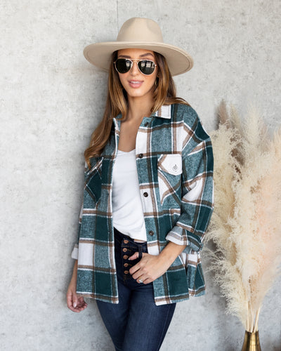 Karter Plaid Button Down Shacket - Emerald Green