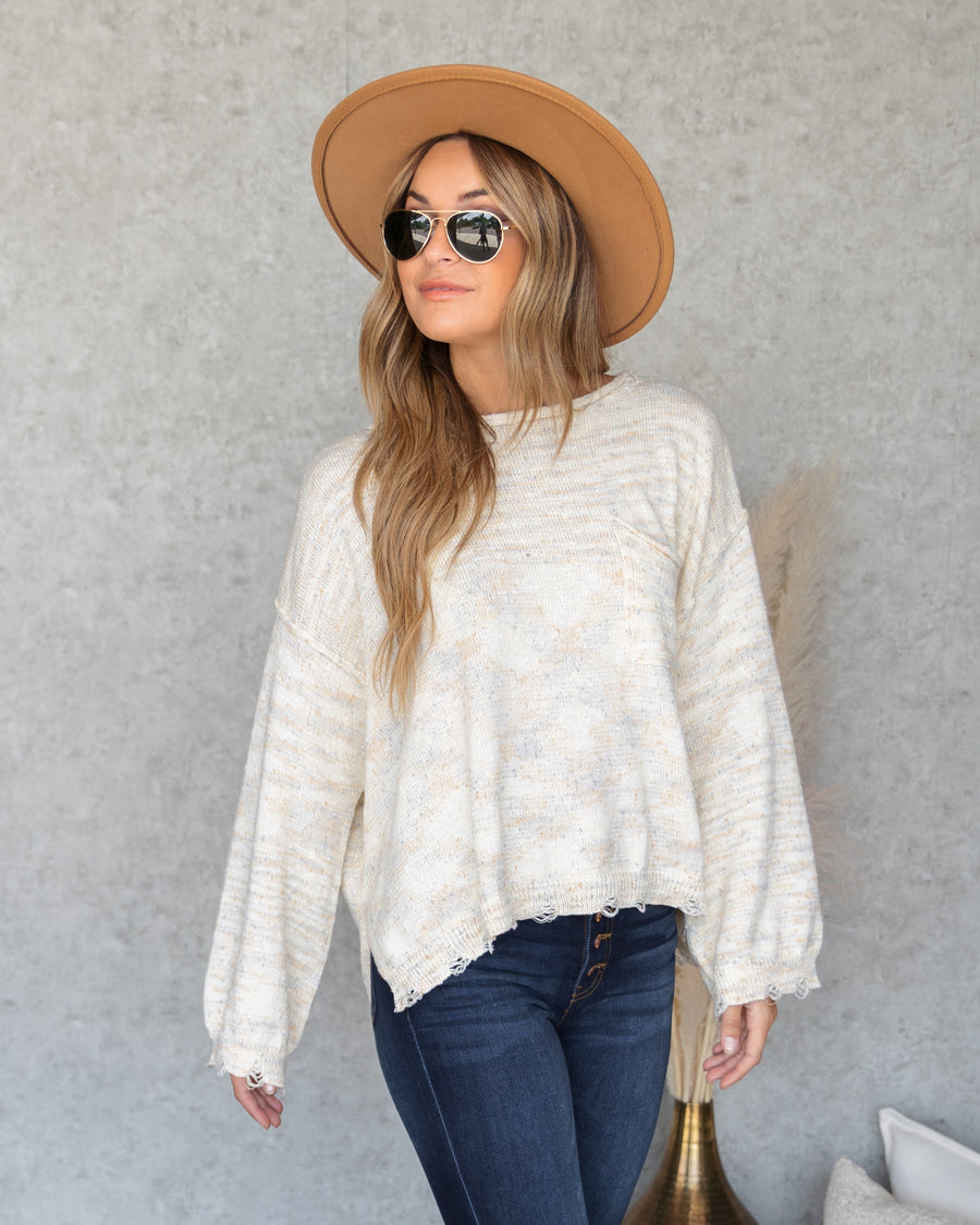 Tristan Speckled Frayed Hem Sweater - Cream