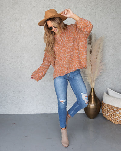 Tristan Speckled Frayed Hem Sweater - Rust