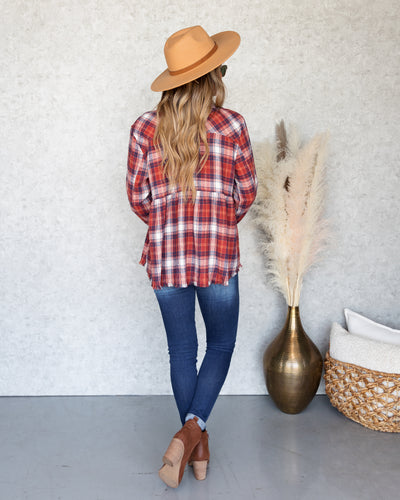 Callie Plaid Button Down Peplum Top - Marsala