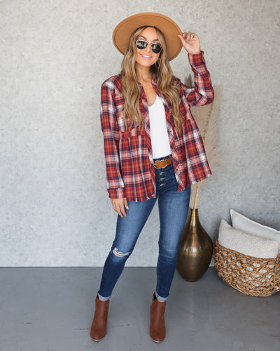 Callie Plaid Button Down Peplum Top - Marsala