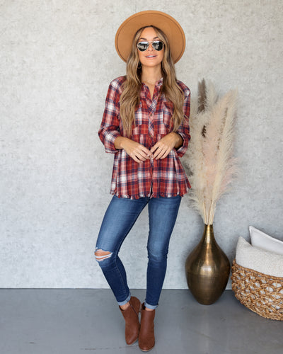 Callie Plaid Button Down Peplum Top - Marsala