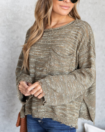 Tristan Speckled Frayed Hem Sweater - Olive