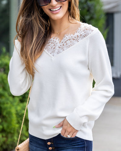 Abby Lace V-Neck Ribbed Sweater - White
