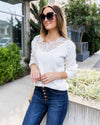 Abby Lace V-Neck Ribbed Sweater - White
