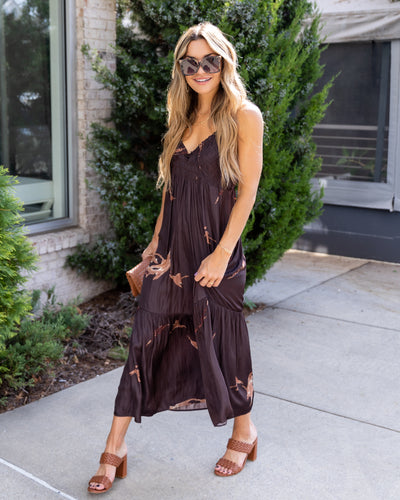 Selena Smocked Satin Maxi - Mocha