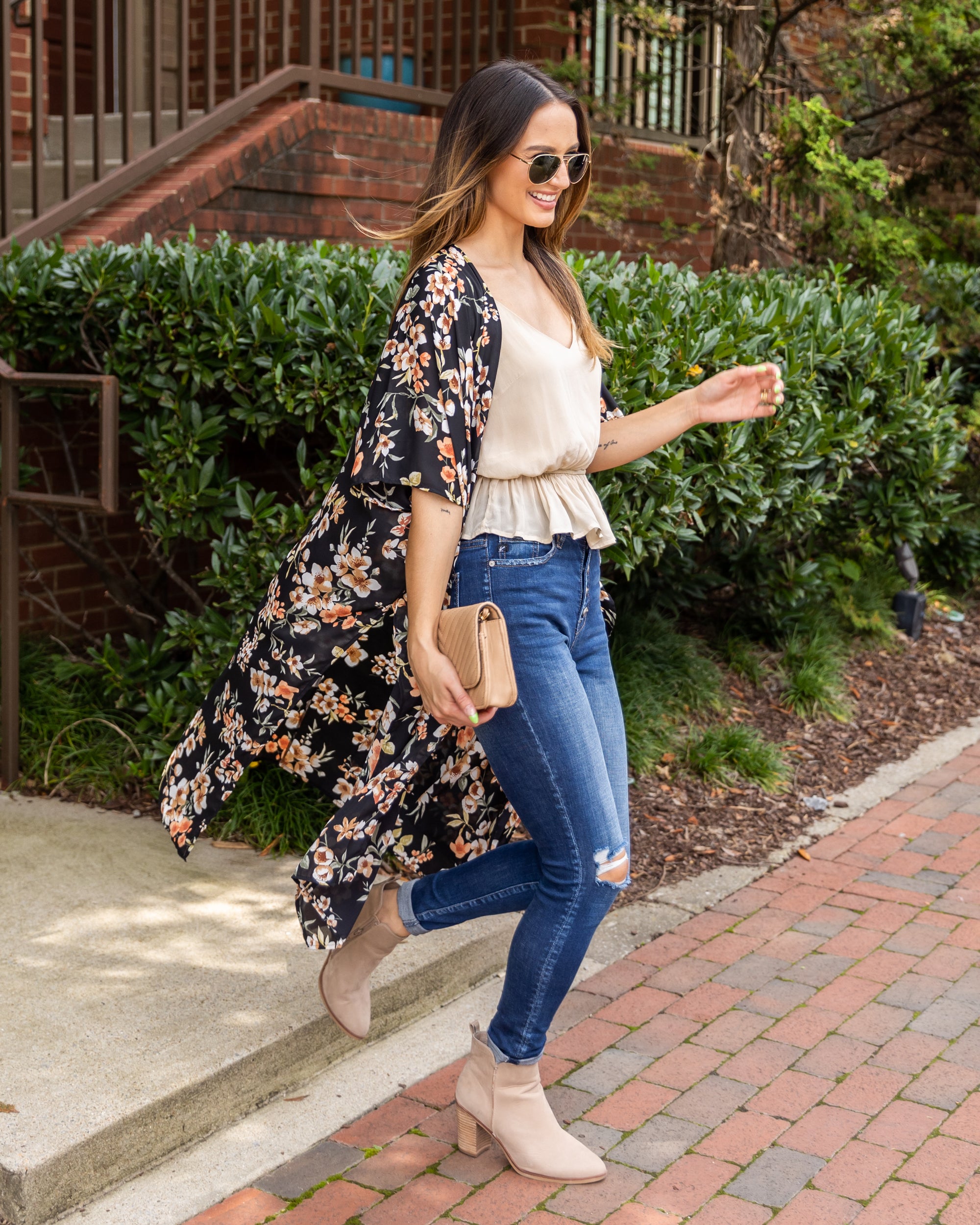 Kayla Relaxed Sleeve Floral Kimono Duster Black Eleven Oaks Boutique