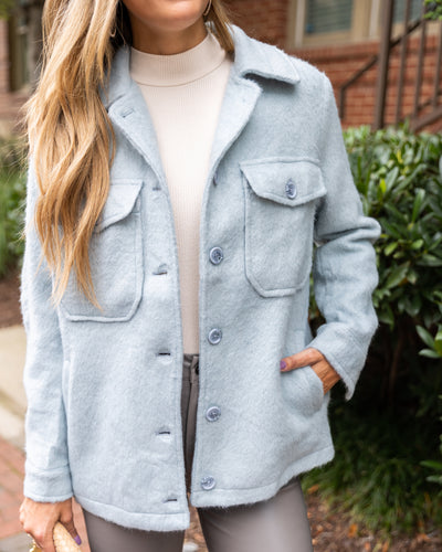 Ryann Button Down Pocketed Faux Fur Shacket Coat - Sky Blue