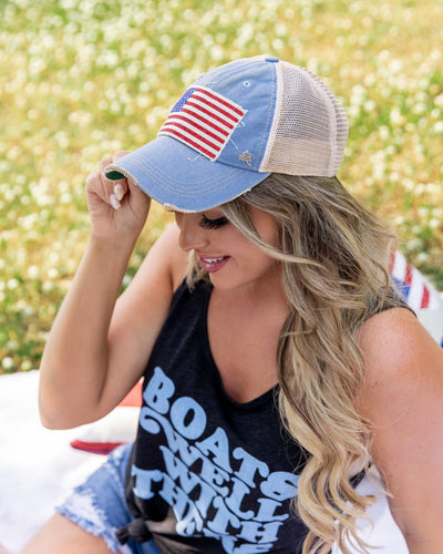 Freedom American Flag Glitter Trucker Hat - Light Blue