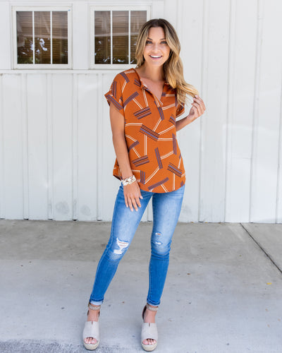 Giselle V-Neck Multi Print Top - Sandstone