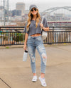 Hadley Waffle Knit Henley Cropped Top - Charcoal