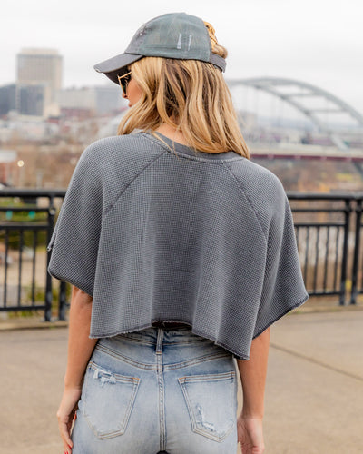 Hadley Waffle Knit Henley Cropped Top - Charcoal