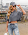 Hadley Waffle Knit Henley Cropped Top - Charcoal
