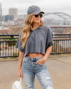 Hadley Waffle Knit Henley Cropped Top - Charcoal