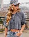 Hadley Waffle Knit Henley Cropped Top - Charcoal