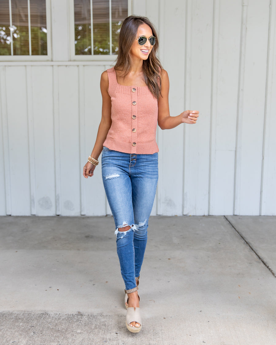 Haiden Button Down Sweater Tank - Apricot