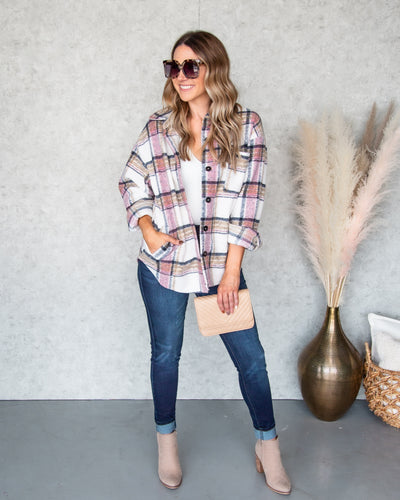 Hayden Plaid Button Down Pocketed Shacket - Pink Multi