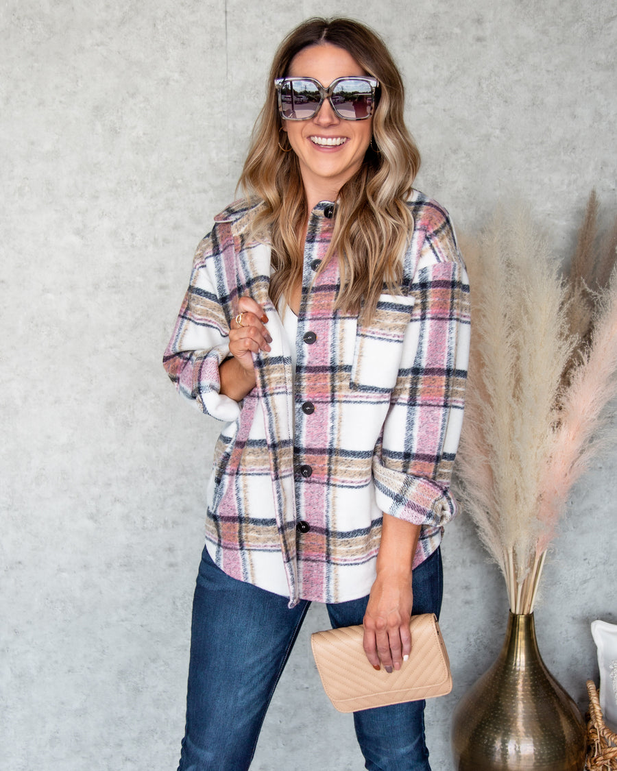 Hayden Plaid Button Down Pocketed Shacket - Pink Multi