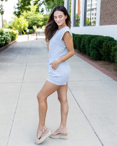 Hayes Striped Pocketed Romper - Blue/White