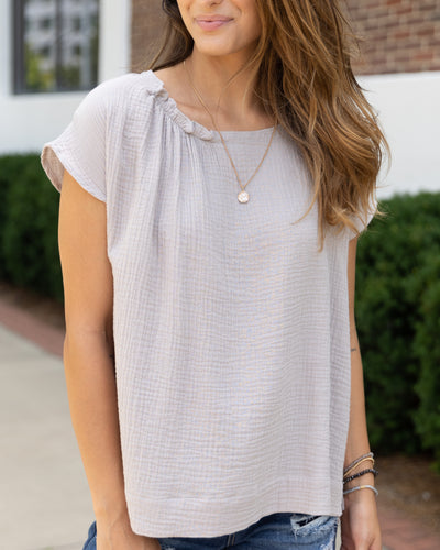 Jordyn Ruched Neckline Gauze Top - Light Grey