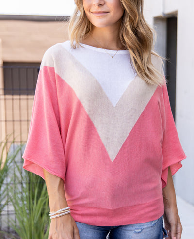 Kathleen Boat Neck Color Block Sweater - Coral