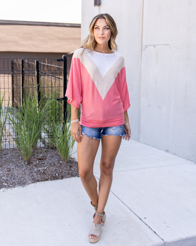 Kathleen Boat Neck Color Block Sweater - Coral