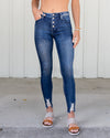 Katya High Rise Distressed Button Fly Jeans - Dark Wash