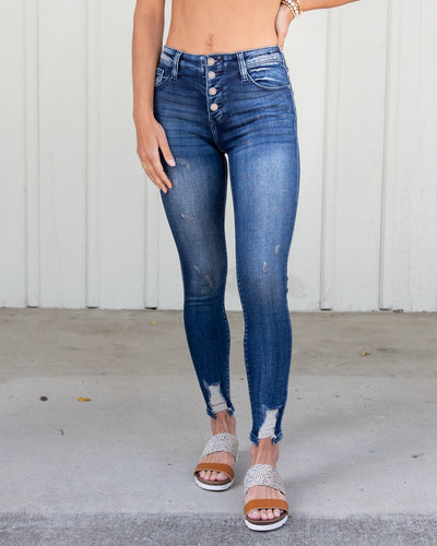 Katya High Rise Distressed Button Fly Jeans - Dark Wash