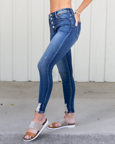 Katya High Rise Distressed Button Fly Jeans - Dark Wash