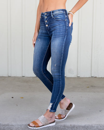 Katya High Rise Distressed Button Fly Jeans - Dark Wash