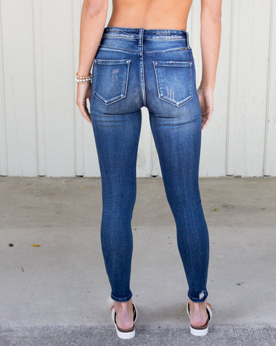 Katya High Rise Distressed Button Fly Jeans - Dark Wash