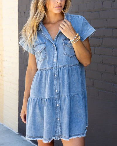 Kinsey Tiered Button Down Denim Dress - Medium Wash