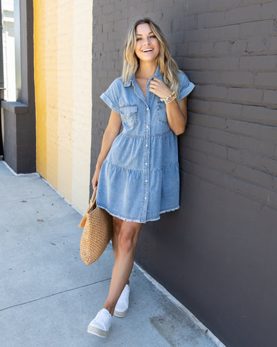 Kinsey Tiered Button Down Denim Dress - Medium Wash